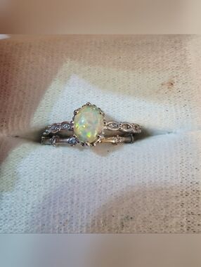 Opal Oval Cabochon Silver-Tone Ring with Delicate Band - Opalescent White